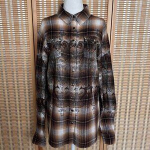 Brown plaid button up shirt with paisley print, studs and cross patch on back